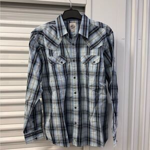Moon shine spirit button up shirt, long sleeves, blue size medium . NEW